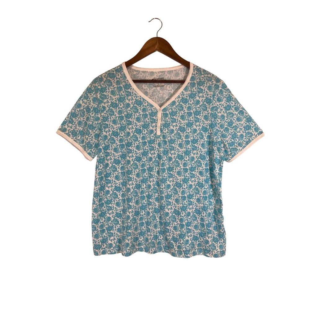 Cottagecore Cozee Corner Womens Large‎ Blue Floral Henley Short Sleeve Top